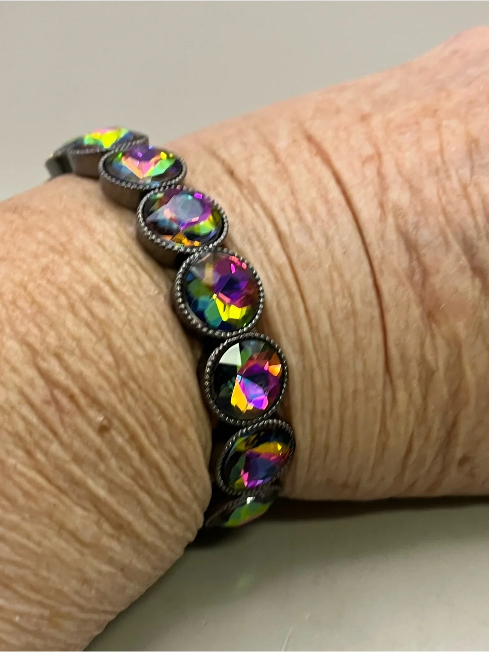 Rainbow Vitrail Crystal Stretch Bracelet Gunmetal Statement Tennis Stacking